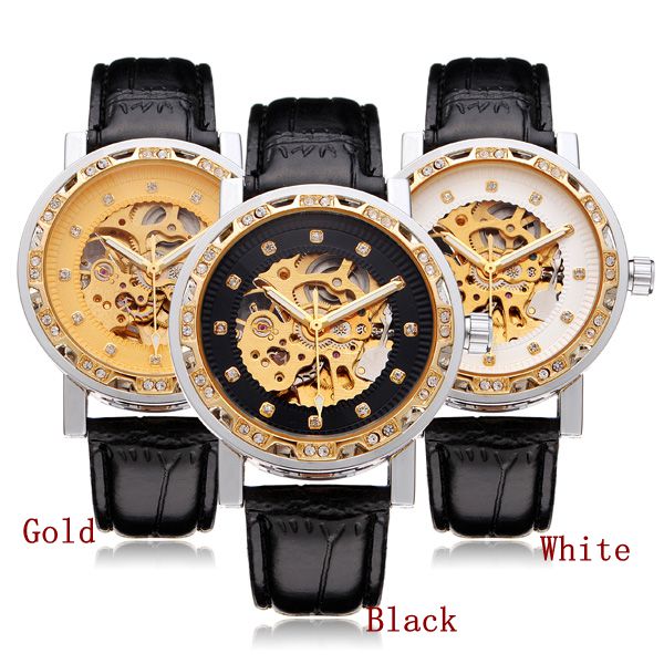 FORSINING Crystal Gold PU Leather Mechanical Flywheel Men Wrist Watch