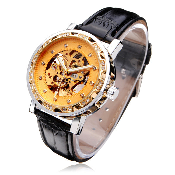FORSINING Crystal Gold PU Leather Mechanical Flywheel Men Wrist Watch