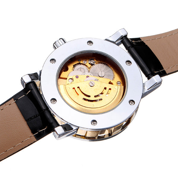 FORSINING Crystal Gold PU Leather Mechanical Flywheel Men Wrist Watch