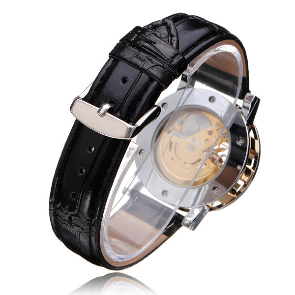 FORSINING Crystal Gold PU Leather Mechanical Flywheel Men Wrist Watch