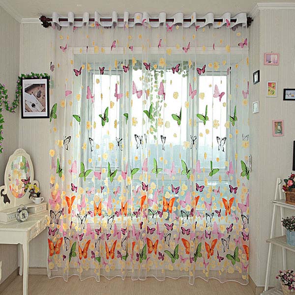 Butterfly Printed Sheer Window Curtains Tulle Door Window Screen
