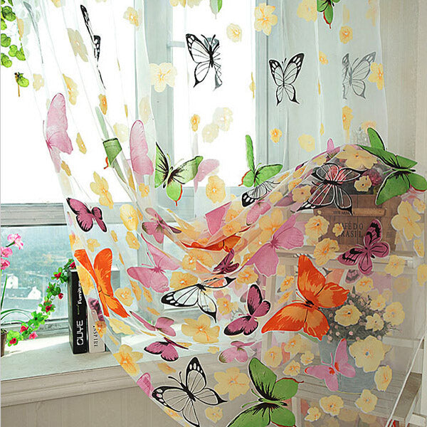 Butterfly Printed Sheer Window Curtains Tulle Door Window Screen