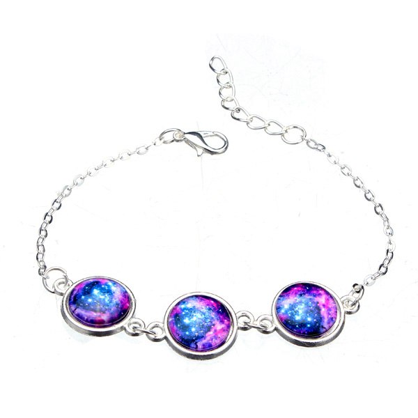 Silver Plated Time Gem Galaxy Glass Cabochon Charm Bracelet Unisex