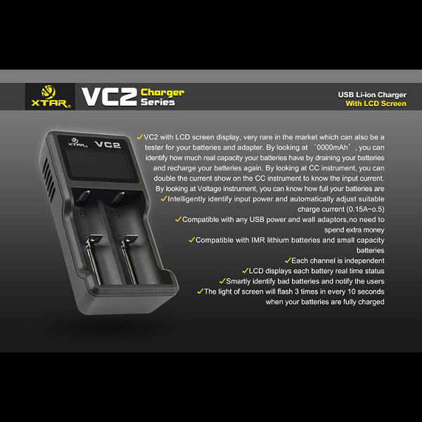 XTAR VC2 Charger With LCD Screen Display For 18650 26650 Battery