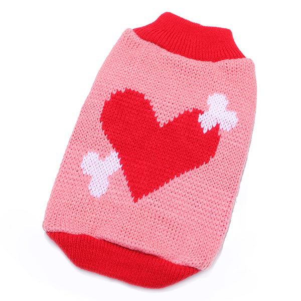 Red Heart Bone Pet Dog Knitted Breathable Sweater Pink