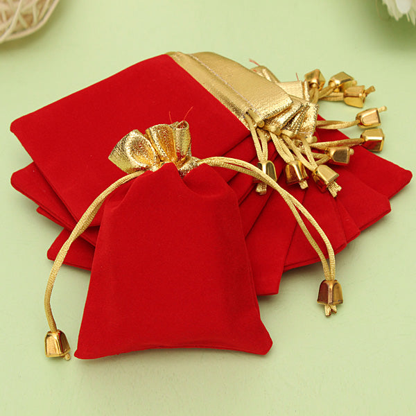 10PCS Golden Red Flannelette Drawstring Pouch Jewelry Gift Bags Pouch