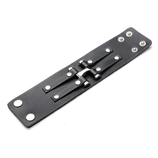 Punk Rivet Double Loop Wide Snap Button Leather Bracelet For Men