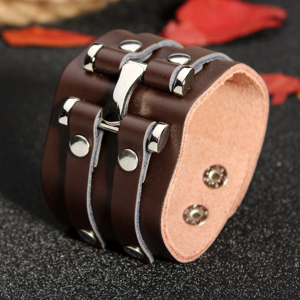 Punk Rivet Double Loop Wide Snap Button Leather Bracelet For Men