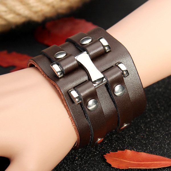 Punk Rivet Double Loop Wide Snap Button Leather Bracelet For Men