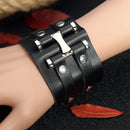 Punk Rivet Double Loop Wide Snap Button Leather Bracelet For Men