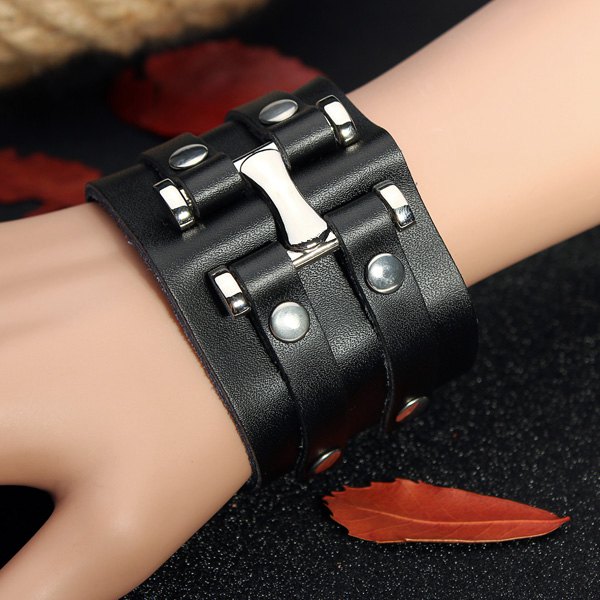 Punk Rivet Double Loop Wide Snap Button Leather Bracelet For Men