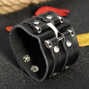 Punk Rivet Double Loop Wide Snap Button Leather Bracelet For Men