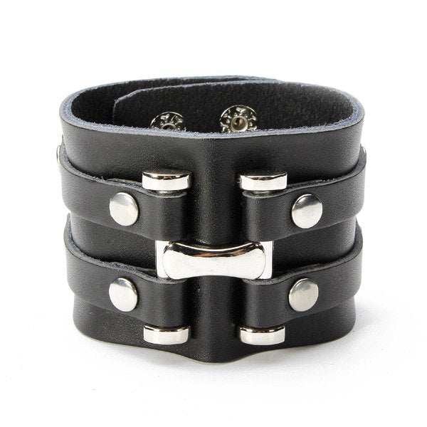Punk Rivet Double Loop Wide Snap Button Leather Bracelet For Men