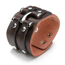 Punk Rivet Double Loop Wide Snap Button Leather Bracelet For Men