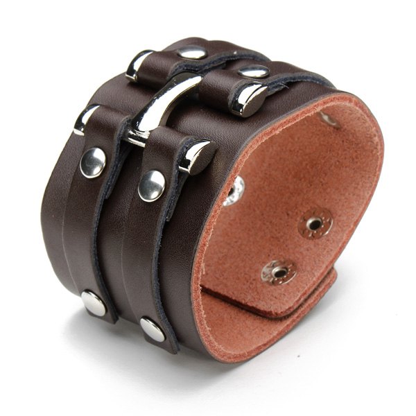 Punk Rivet Double Loop Wide Snap Button Leather Bracelet For Men