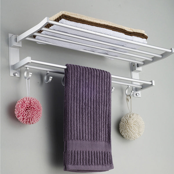 Alumimum Folded Silver Bath Towel Shelf Washcloth Rack Holder With 5 Hooks