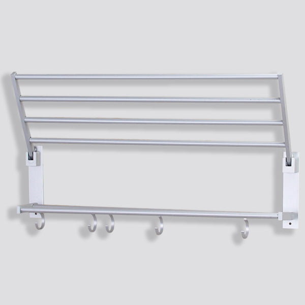 Alumimum Folded Silver Bath Towel Shelf Washcloth Rack Holder With 5 Hooks