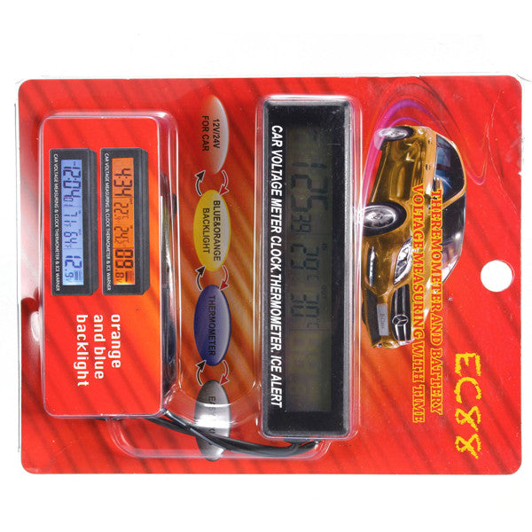 12V/24V In/Out Car Voltage Meter LCD Digital Clock Time Blue&Orange Backlight