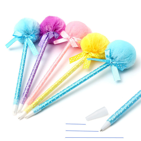 5Pcs Adorable Fluffy Pens Cute Ribbon Princess Lovely Ballpoint Ball Pen