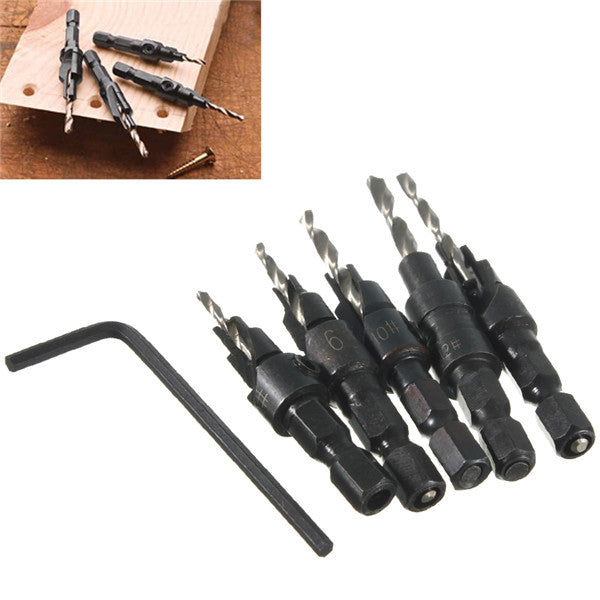 5pcs Hss Countersink Drill Cone Bit Set Quick Change Hex Shank Woodworking Screw Reamer