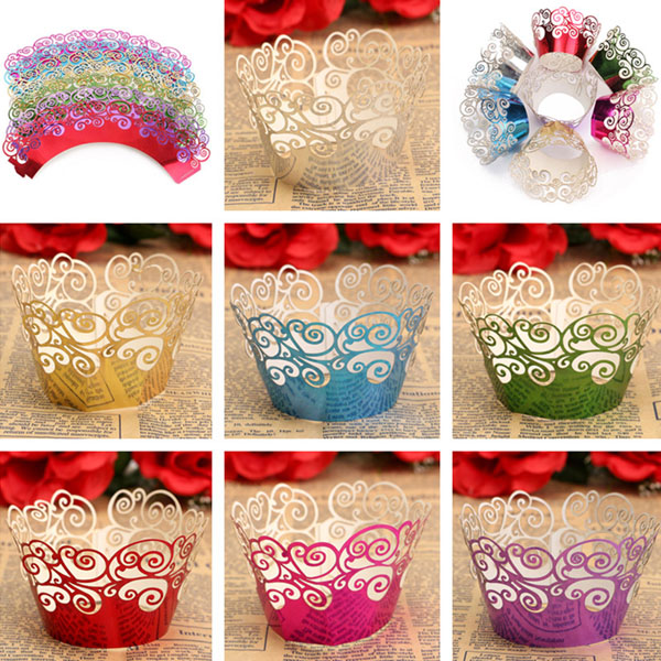 12pcs 7 Colors Filigree Cup Cake Wrappers Wrap Case Wedding Birthday Party Supplies