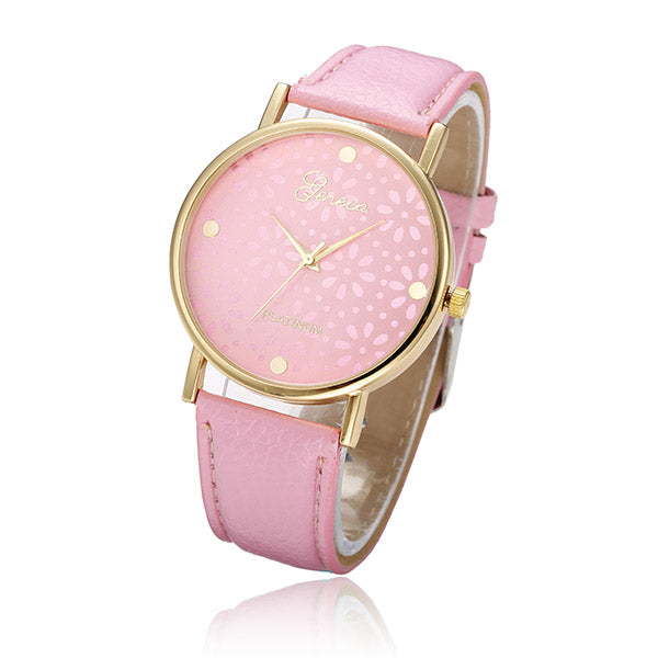 Fashion Women Chrysanthemum Design Round Dial Leather Quartz Watch
