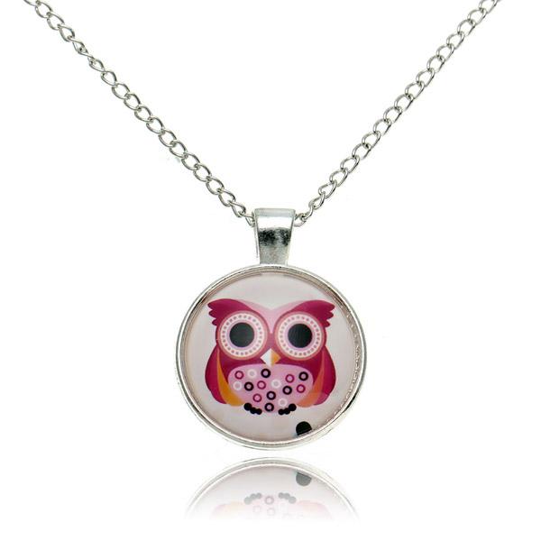 Lovely Owl Animal Glass Cabochon Silver Chain Pendant Necklace