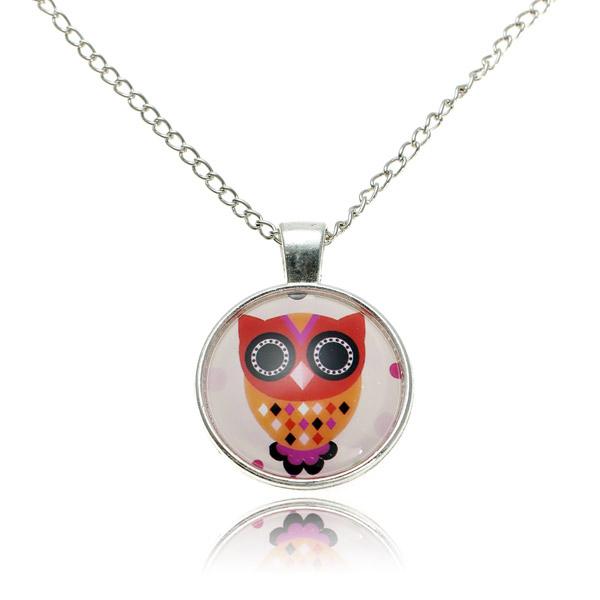 Lovely Owl Animal Glass Cabochon Silver Chain Pendant Necklace