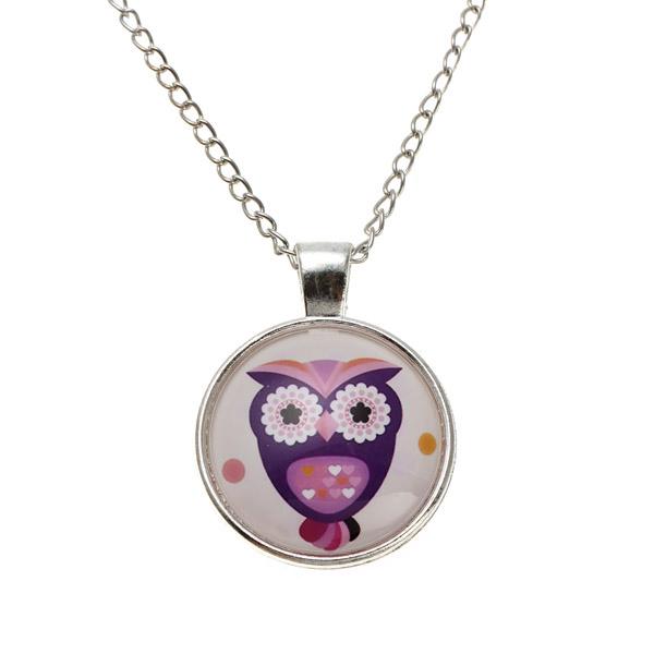 Lovely Owl Animal Glass Cabochon Silver Chain Pendant Necklace