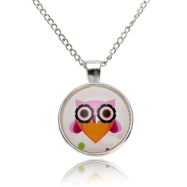 Lovely Owl Animal Glass Cabochon Silver Chain Pendant Necklace