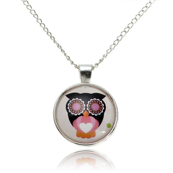 Lovely Owl Animal Glass Cabochon Silver Chain Pendant Necklace