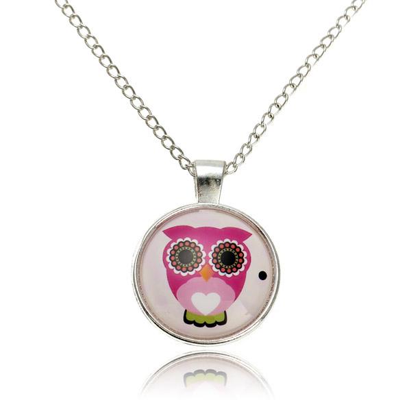 Lovely Owl Animal Glass Cabochon Silver Chain Pendant Necklace