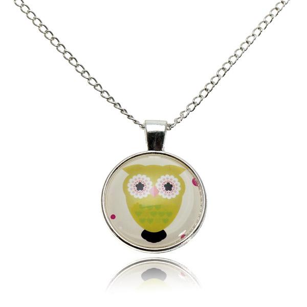 Lovely Owl Animal Glass Cabochon Silver Chain Pendant Necklace