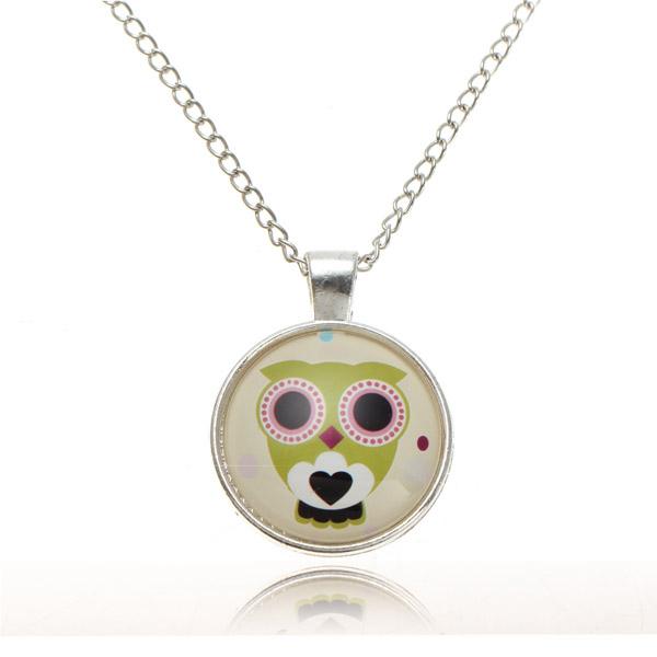 Lovely Owl Animal Glass Cabochon Silver Chain Pendant Necklace