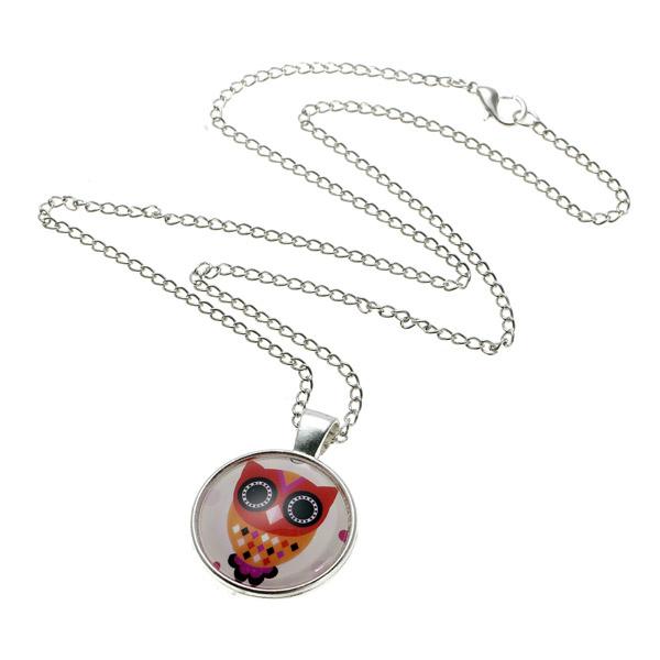 Lovely Owl Animal Glass Cabochon Silver Chain Pendant Necklace