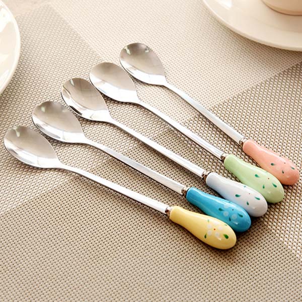 Ceramic Handle Floral Coffee Spoon Stainless Steel Small Milk Spoon Tableware