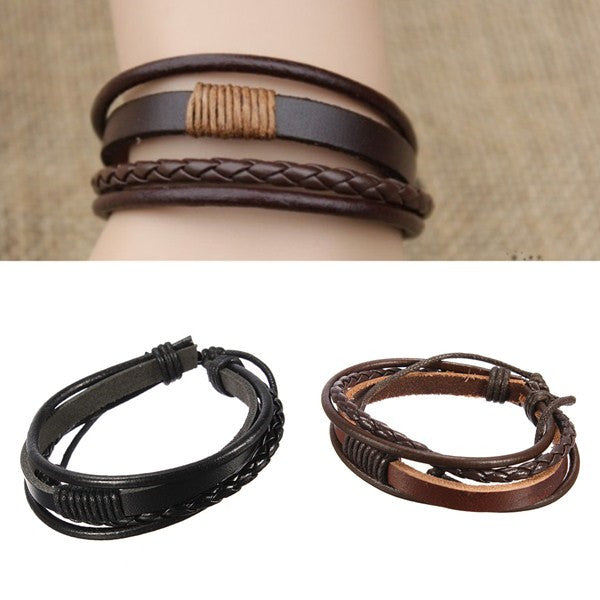 Men Multilayer Tribal Woven Surf Leather Bracelet Wristband