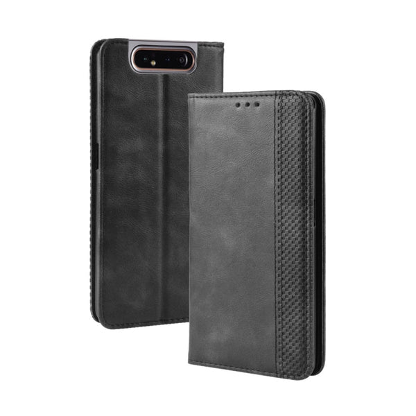 Magnetic Buckle Retro Crazy Horse Texture Horizontal Flip Leather Case for Galaxy A80 / A90, with Holder & Card Slots & Photo Frame(Black)