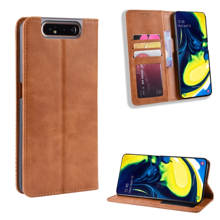 Magnetic Buckle Retro Crazy Horse Texture Horizontal Flip Leather Case for Galaxy A80 / A90, with Holder & Card Slots & Photo Frame (Brown)