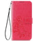 For Samsung Galaxy A21s Four-leaf Clasp Embossed Buckle Mobile Phone Protection Leather Case with Lanyard & Card Slot & Wallet & Bracket Function(Magenta)