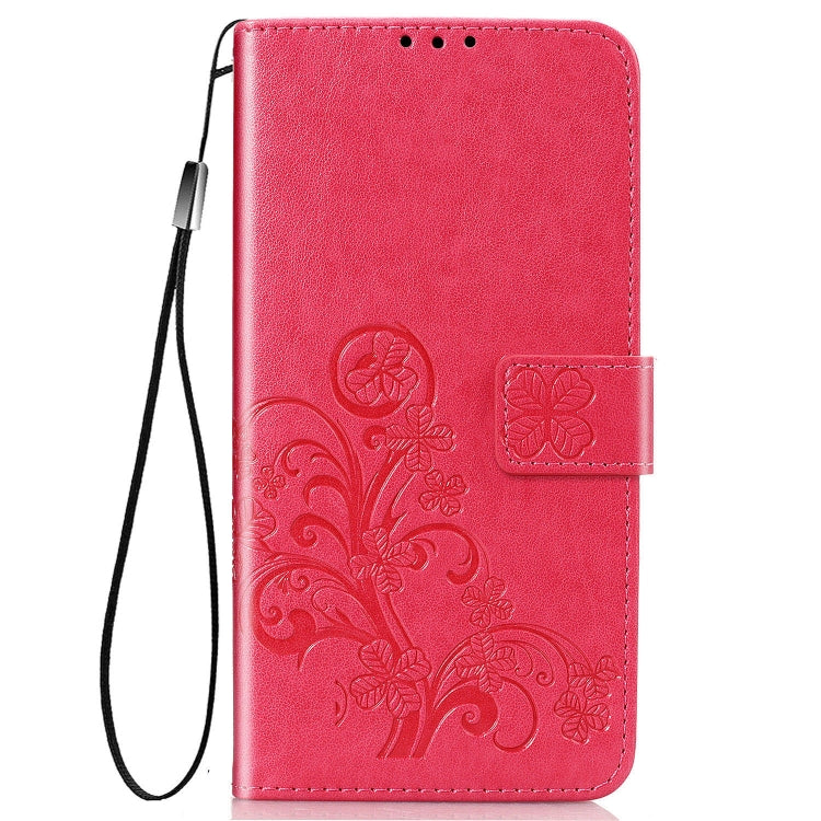 For Samsung Galaxy A21s Four-leaf Clasp Embossed Buckle Mobile Phone Protection Leather Case with Lanyard & Card Slot & Wallet & Bracket Function(Magenta)