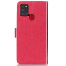 For Samsung Galaxy A21s Four-leaf Clasp Embossed Buckle Mobile Phone Protection Leather Case with Lanyard & Card Slot & Wallet & Bracket Function(Magenta)