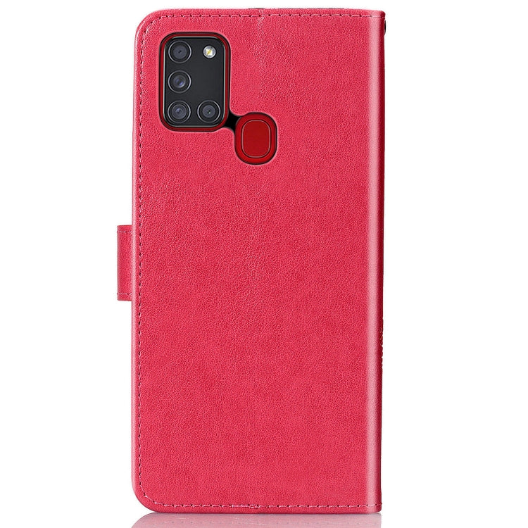 For Samsung Galaxy A21s Four-leaf Clasp Embossed Buckle Mobile Phone Protection Leather Case with Lanyard & Card Slot & Wallet & Bracket Function(Magenta)