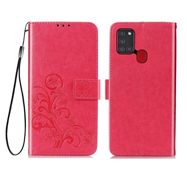 For Samsung Galaxy A21s Four-leaf Clasp Embossed Buckle Mobile Phone Protection Leather Case with Lanyard & Card Slot & Wallet & Bracket Function(Magenta)