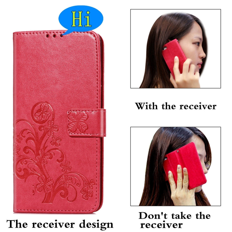 For Samsung Galaxy A21s Four-leaf Clasp Embossed Buckle Mobile Phone Protection Leather Case with Lanyard & Card Slot & Wallet & Bracket Function(Magenta)