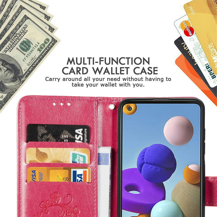 For Samsung Galaxy A21s Four-leaf Clasp Embossed Buckle Mobile Phone Protection Leather Case with Lanyard & Card Slot & Wallet & Bracket Function(Magenta)