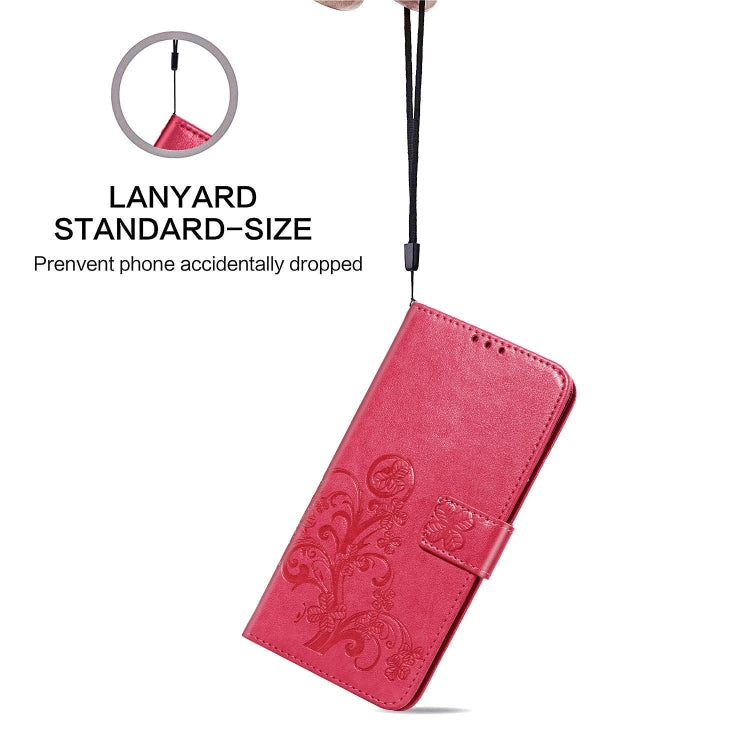 For Samsung Galaxy A21s Four-leaf Clasp Embossed Buckle Mobile Phone Protection Leather Case with Lanyard & Card Slot & Wallet & Bracket Function(Magenta)