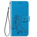 For Samsung Galaxy A21s Four-leaf Clasp Embossed Buckle Mobile Phone Protection Leather Case with Lanyard & Card Slot & Wallet & Bracket Function(Blue)
