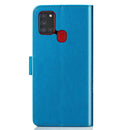 For Samsung Galaxy A21s Four-leaf Clasp Embossed Buckle Mobile Phone Protection Leather Case with Lanyard & Card Slot & Wallet & Bracket Function(Blue)