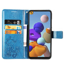 For Samsung Galaxy A21s Four-leaf Clasp Embossed Buckle Mobile Phone Protection Leather Case with Lanyard & Card Slot & Wallet & Bracket Function(Blue)